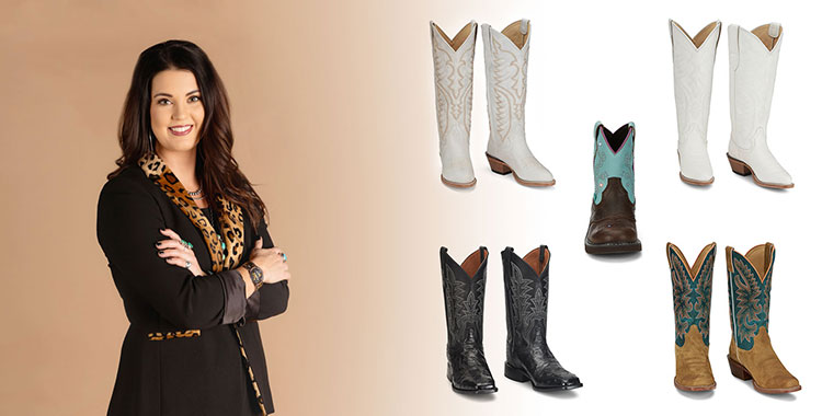 A woman wearing a black and cheetah blazer. Evelyn 15” Western boot in white, Evelyn 15” Western boot in snow (white), Rancher 12” Ostrich Cowboy boot in black, Jimmy 13” Western boot in tan and Glitzi western boot in brown/blue.